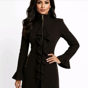 Tahari Coat Black Wool Classic Ruffle Front & Cuffs Mid Length Size 2P R…